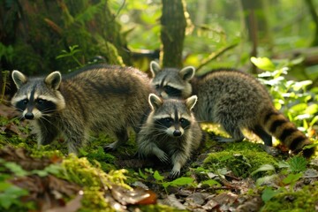 Naklejka premium A trio of curious raccoons stands together in a lush forest, their expressive eyes and bushy tails highlighted by sunlight filtering through the trees.