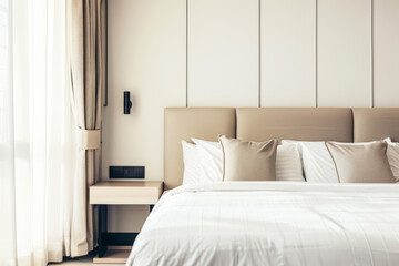 Luxurious hotel room interiors in warm tones with chic decor and natural lighting.