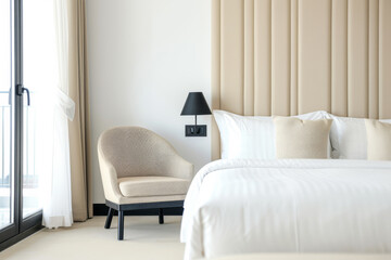 Fototapeta premium Luxurious hotel room interiors in warm tones with chic decor and natural lighting.