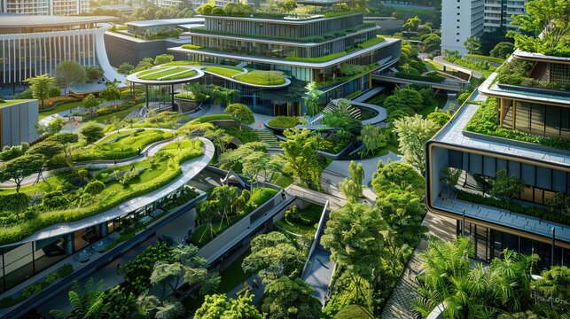 green, beautiful, downtown, asia, architecture, travel, landmark, modern, city, tourism, building, cityscape, street, view, landscape, business, rive. AI generated illustration