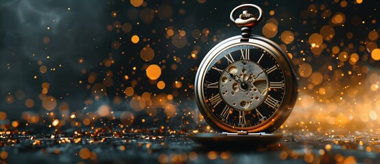 A pocket watch with Roman numeric numbers is exploding in the air against a dark background