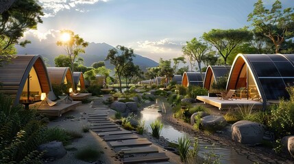 Cozy open glamping tent with light inside during sunset. Luxury camping tent for outdoor summer holiday and vacation. Lifestyle concept. AI generated illustration