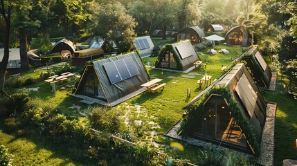 Cozy open glamping tent with light inside during sunset. Luxury camping tent for outdoor summer holiday and vacation. Lifestyle concept. AI generated illustration