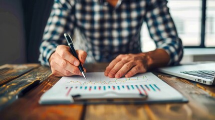 Fototapeta premium Close-up of a person's hands doing paperwork on a wooden desk, analyzing graphs and writing with a pen, wearing a checked shirt.