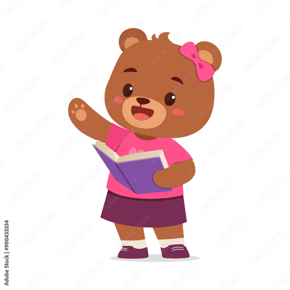 Wall mural cute little bear read book and feeling happy