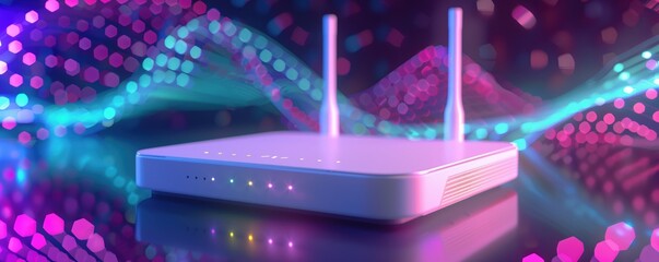 Close up of a white router with three antennas and glowing lights on a table