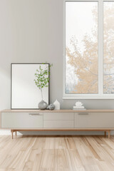 Fototapeta premium Elegant sideboard next to a large window in an interiors design composition. Home decor conceptual image with copyspace.