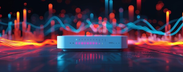 A white home router with colorful light effects on the front, surrounded in the style of abstract sound waves and data visualizations