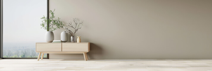 Obraz premium Elegant sideboard next to a large window in an interiors design composition. Home decor conceptual image with copyspace.