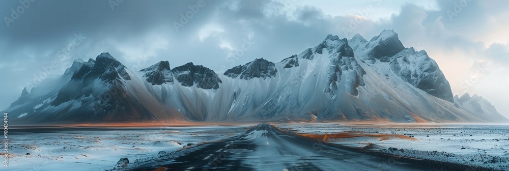 Wall mural Iceland's road with mountains in the background, panoramic view