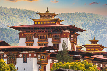 Fototapeta premium Punakha Dzong at the Mo Chhu river in Bhutan