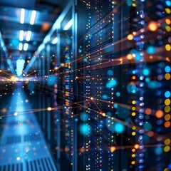 Obraz premium High-Tech Data Center with Interactive Network Visualization