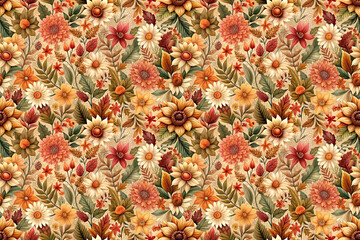 Fototapeta premium Seamless pattern of autumn flowers in gentle warm colors
