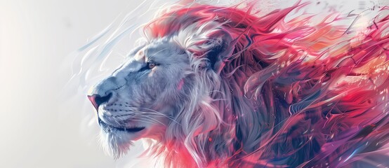 Abstract white lion with colorful hair, in the style of profile view, white background