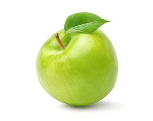 Fresh green apple with green leaf isolated on white background.