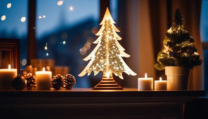 Christmas decorations and candles on window sill at night, ai