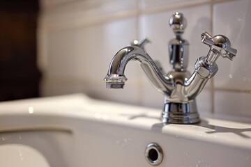 bathroom sink with chrome faucet and toilet, hands-free tap, symbolizing water conservation
