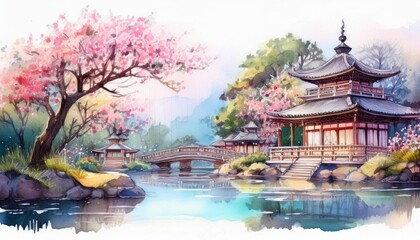 Obraz premium Beautiful watercolor painting of a serene Japanese garden with cherry blossoms, traditional pagoda, tranquil pond, and stone bridge.