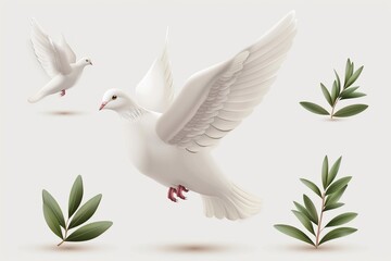 Obraz premium Peace dove icon, pigeons, twigs 3d realistic collection. Flying birds silhouettes on white