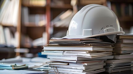 Sophisticated White Safety Helmet for Engineers, Placed on Stacked Drawings