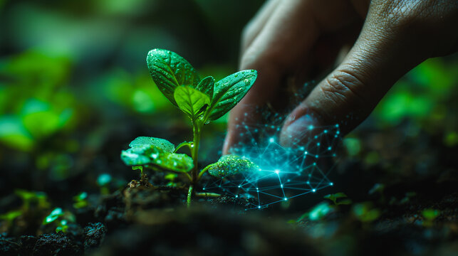 Innovative agricultural technology with a young plant and a digital interface highlighting smart farming 4.0.