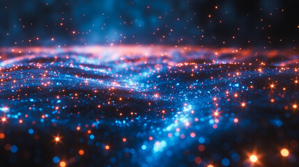 Obraz premium Glittering digital grid with blue floor, star particles, and cosmic dust on a dark background, ideal for sci-fi and space themes.