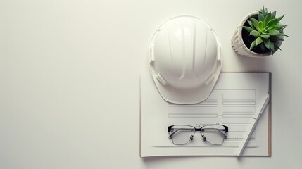 White Safety Helmet with Drawing Placed on Engineer's Workplace Desk