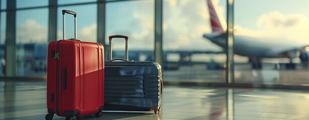 two suitcases and travel bag near window with airplane on airport background