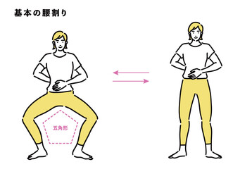 腰割りの基本姿勢のイラストのセット

