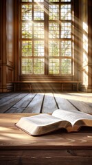 Sunlight Streams Through Windows Onto Open Book in Cozy Room
