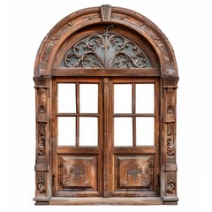 Old window isolated, antique door, wood shutters, vintage wooden windows, closed wardrobe