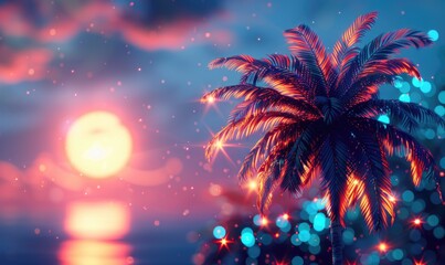 Fototapeta premium Evening landscape with palm trees and tropical flowers in neon lighting on sunset sky background