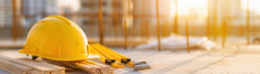 Bright construction site with a yellow helmet and wooden plank under warm sunlight, representing teamwork and safety in building.