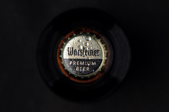 Gaziveren, Cyprus -07.27.2024 Warsteiner beer bottle fogged