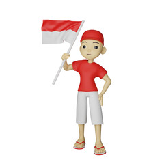 3d rendering Indonesian character holding a flag