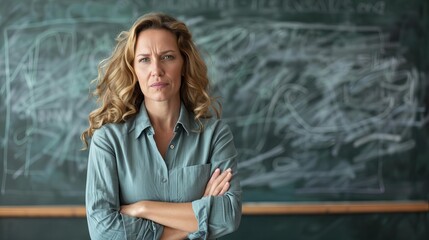 angry and disappointed female teacher standing in front of a blackboard with her hands folded