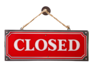 Red closed sign hanging on a rope, indicating that a business or establishment is not open for service or entry.