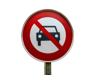 No cars allowed traffic sign indicating a car-free zone. Circular red and white sign with a car icon and diagonal line to signal prohibition.