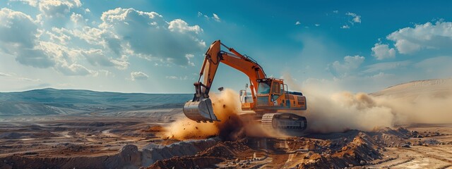 heavy machinery, excavator in action on construction site under blue sky with clouds