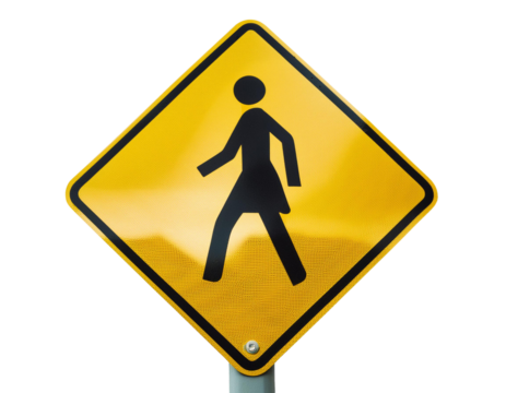 Yellow pedestrian crossing sign with black walking figure on isolated white background, road safety symbol for traffic and walking paths.