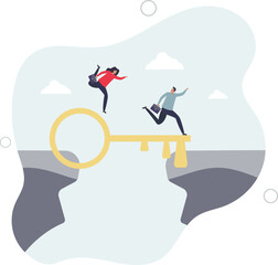 Key success, solution to solve problem and overcome obstacle, link or connect bridge to help achieve success, resolution method or resolve concept.flat design.illustration with people.