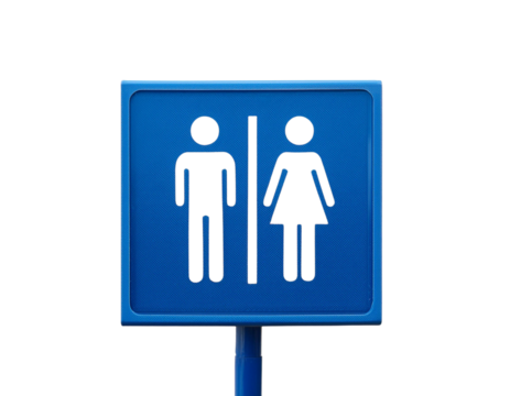 Blue square restroom sign illustration with male and female icons, suitable for public facilities, directions, and informational use.