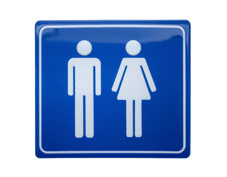 Blue restroom sign for men and women, symbolizing gender-neutral facilities, suitable for various public and private spaces.