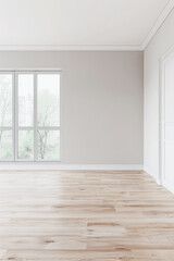 Elegant empty room interiors with a large window, neutral colors, natural lighting and copyspace. Empty property interiors.