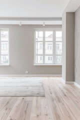 Elegant empty room interiors with a large window, neutral colors, natural lighting and copyspace. Empty property interiors.