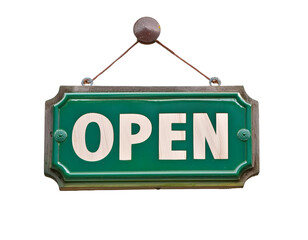 A classic green wooden open sign hanging from a chain, inviting customers into a business or store.