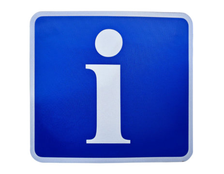 Blue information sign with a white 'i' symbol, representing an info center or help desk. Useful for navigation and public utilities.