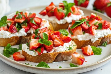 four bruschettas, each topped with creamy ricotta cheese, juicy chopped strawberries, and fresh mint leaves