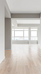 Elegant empty room interiors with a large window, neutral colors, natural lighting and copyspace. Empty property interiors.