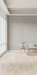 Elegant empty room interiors with a large window, neutral colors, natural lighting and copyspace. Empty property interiors.